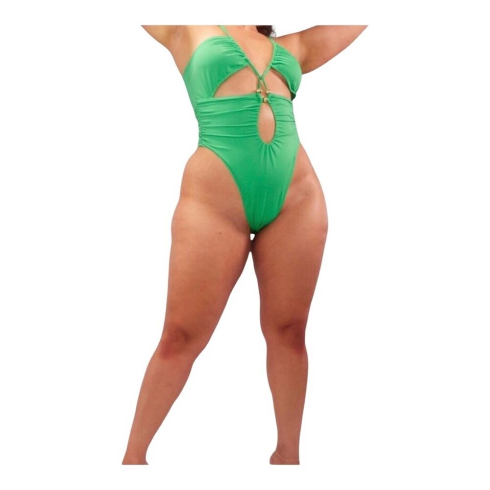 PrettyLittleThing Green Bead Detail Ruched Cut Out Plus Swimsuit Women’s Size 22 - Picture 14 of 15